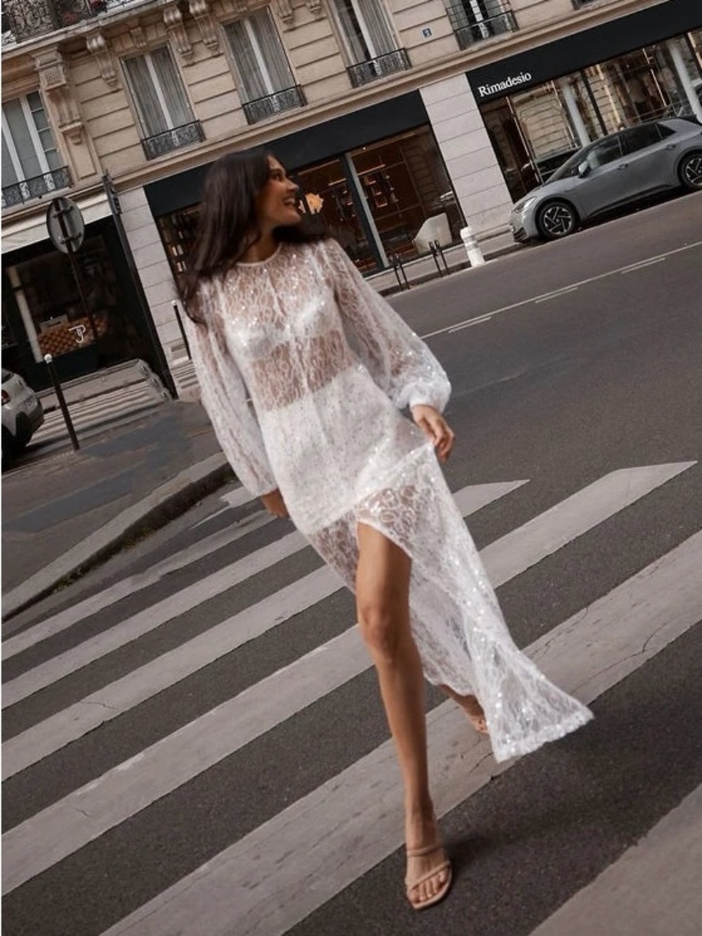 NWT - ISABELLA LONGGINOU - SHEER SEQUIN BALLOON SLEEVE SHIFT DRESS